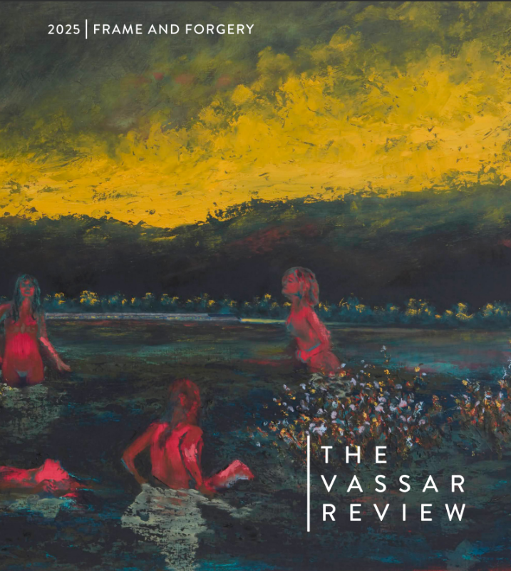 Painting of bathers in a body of water with a text overlay that reads, 2025, Frame and Forgery, The Vassar Review.
